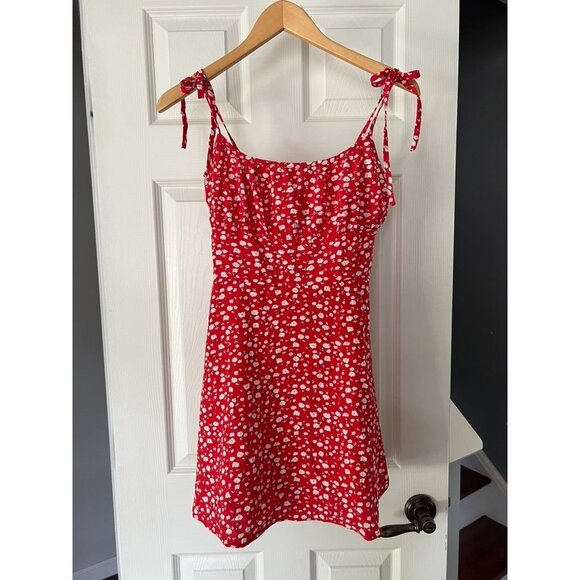 Shein Red Floral Tie Strap Mini Dress Sleeveless Sundress Summer Casual M - Picture 1 of 6